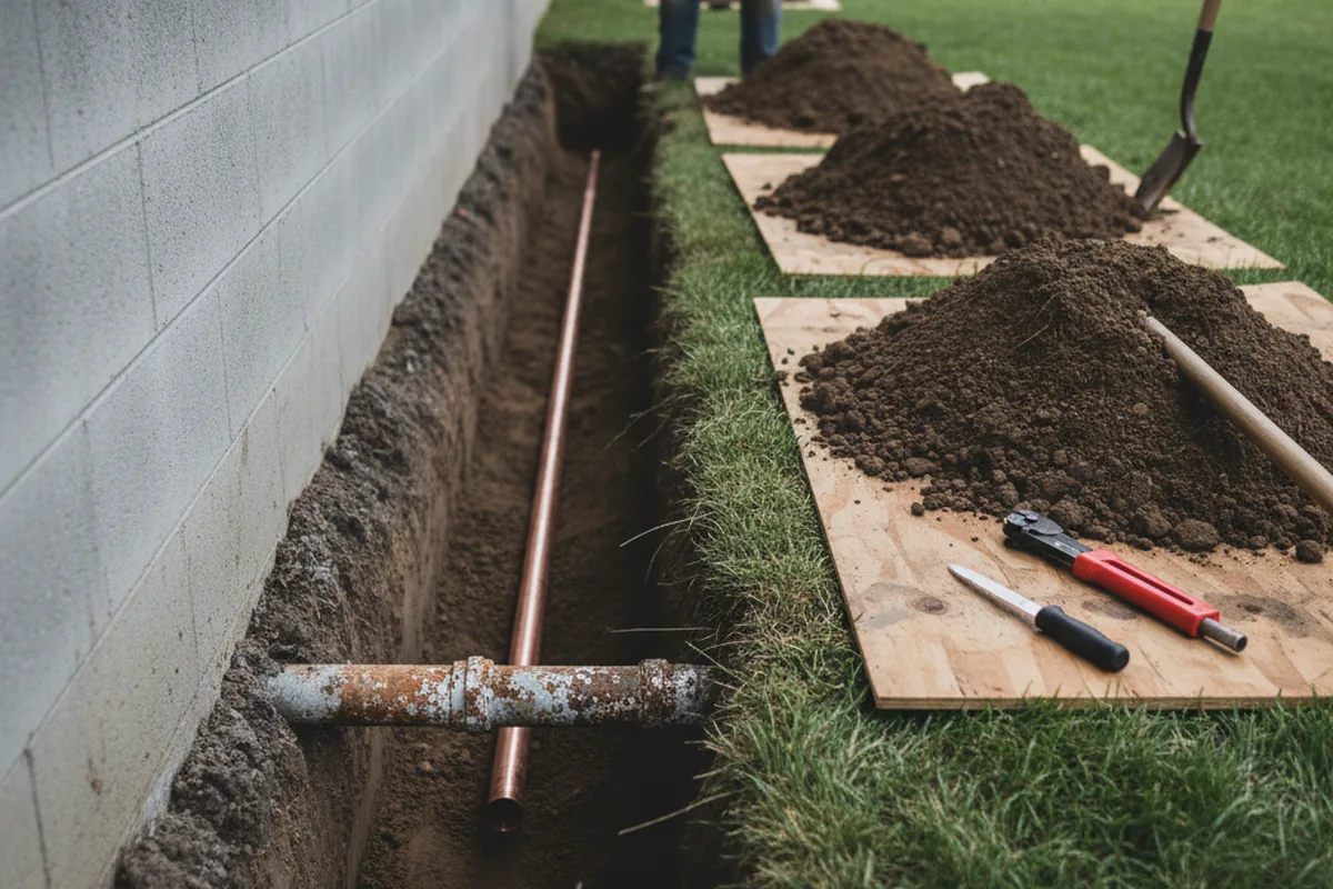 Excavated water line trench during Water Heater Repair in Burtrum